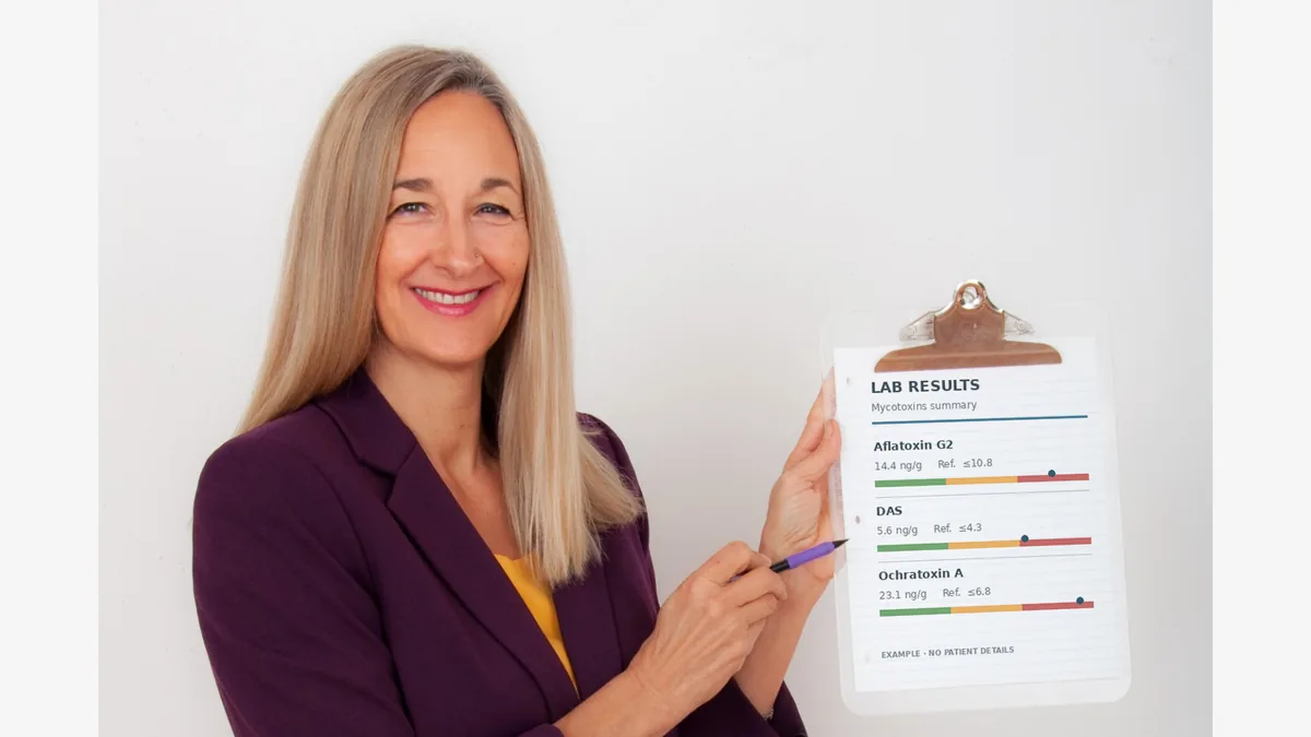 Luminara holding a sample lab results summary